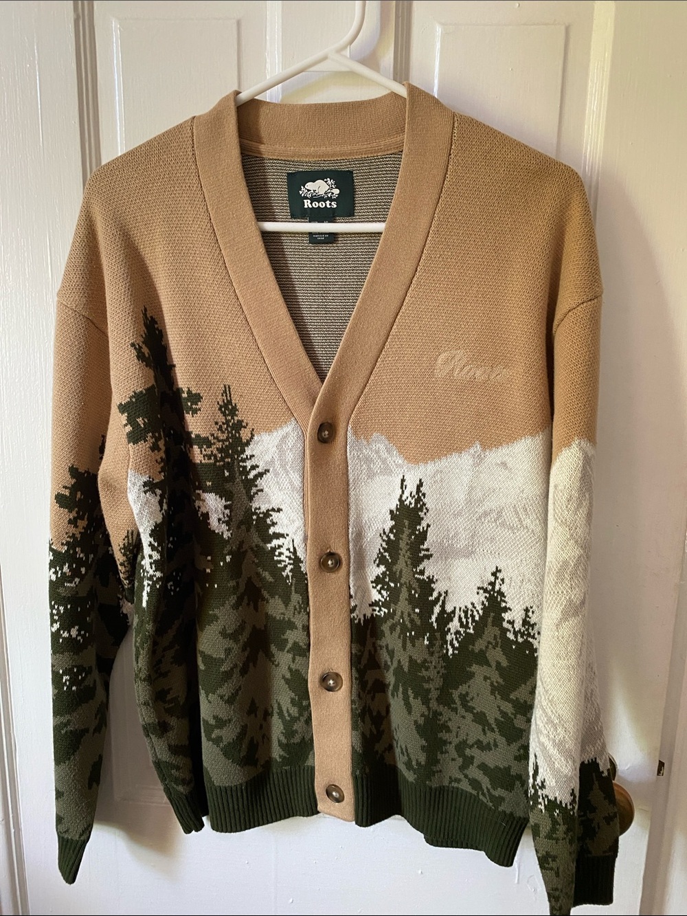 Roots Tan, Green and White Forest Scenic Cardigan Sweater